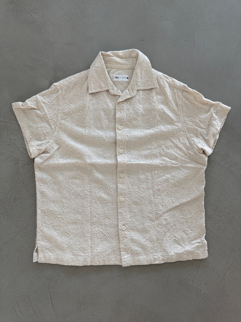 Zara Cream Short-Sleeve Embroidered Button-Down Shirt Shorter Sleeve Alteration